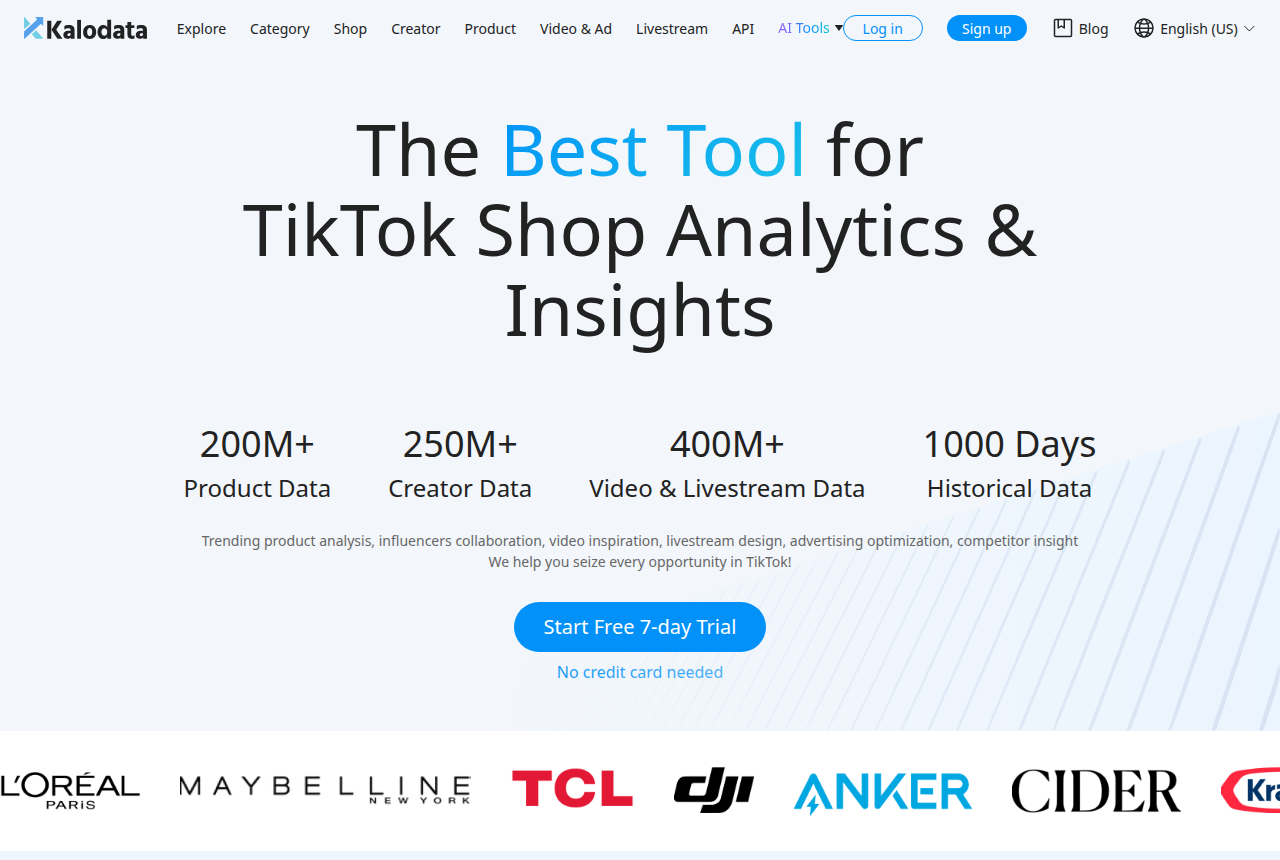 Kalodata homepage headline about TikTok Shop analytics, with counters for 200M+ product data, 250M+ creator data, 400M+ video and livestream data and 1000 days of history, and a Start Free 7-day Trial button