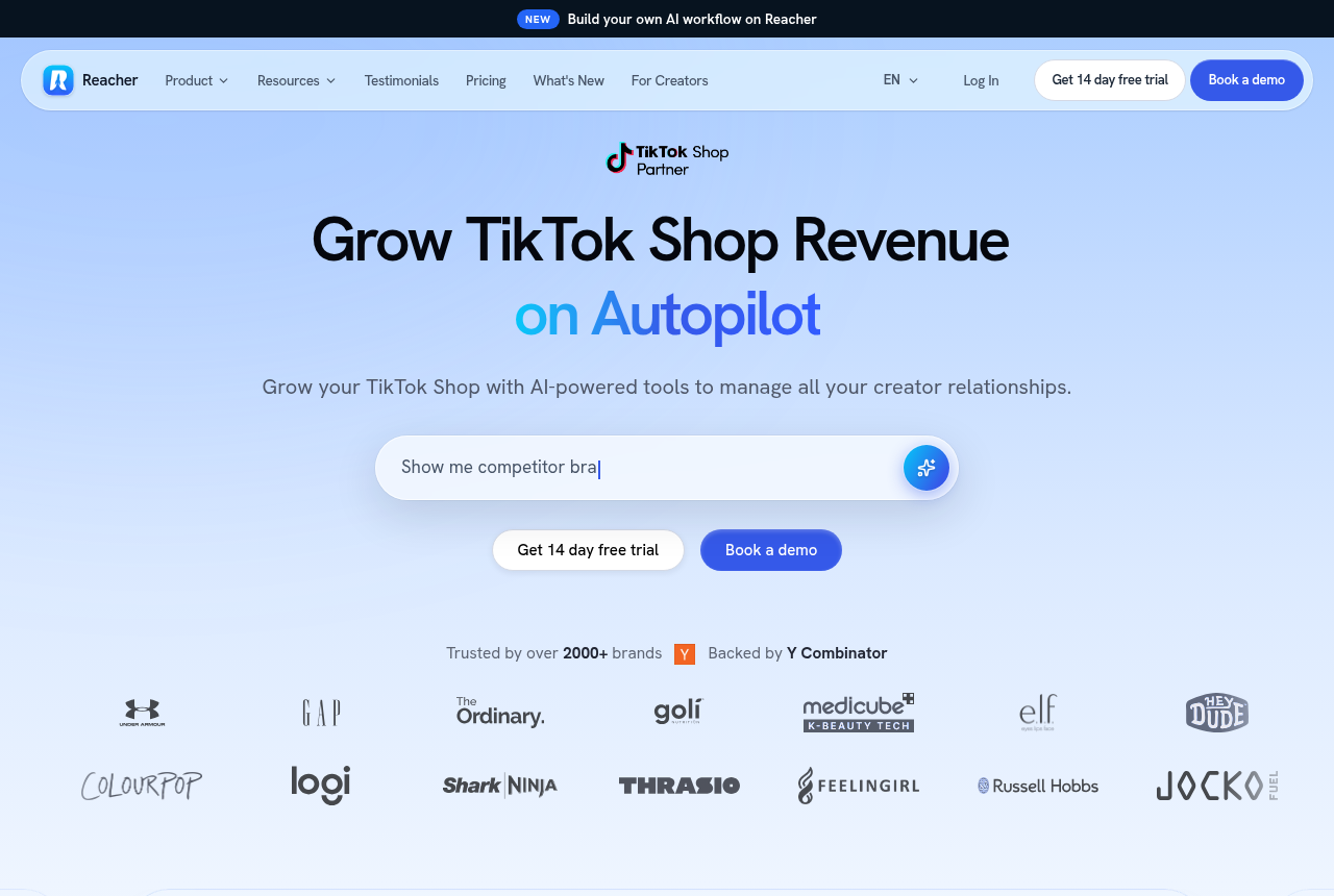 Reacher homepage with the headline Grow TikTok Shop Revenue on Autopilot, a 14 day free trial button and a Book a demo button