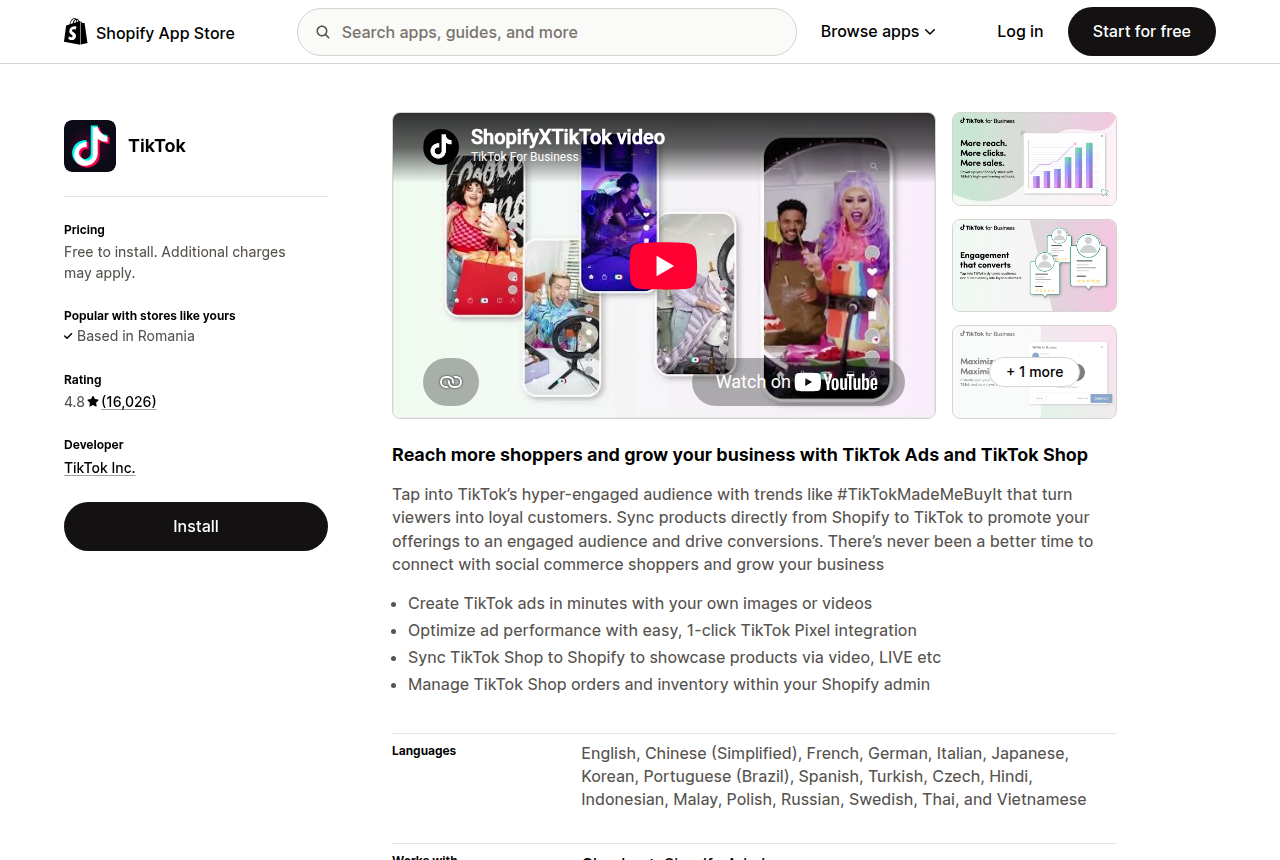 TikTok's Shopify App Store listing showing Free to install pricing, a 4.8 rating from 16,026 reviews and the Install button
